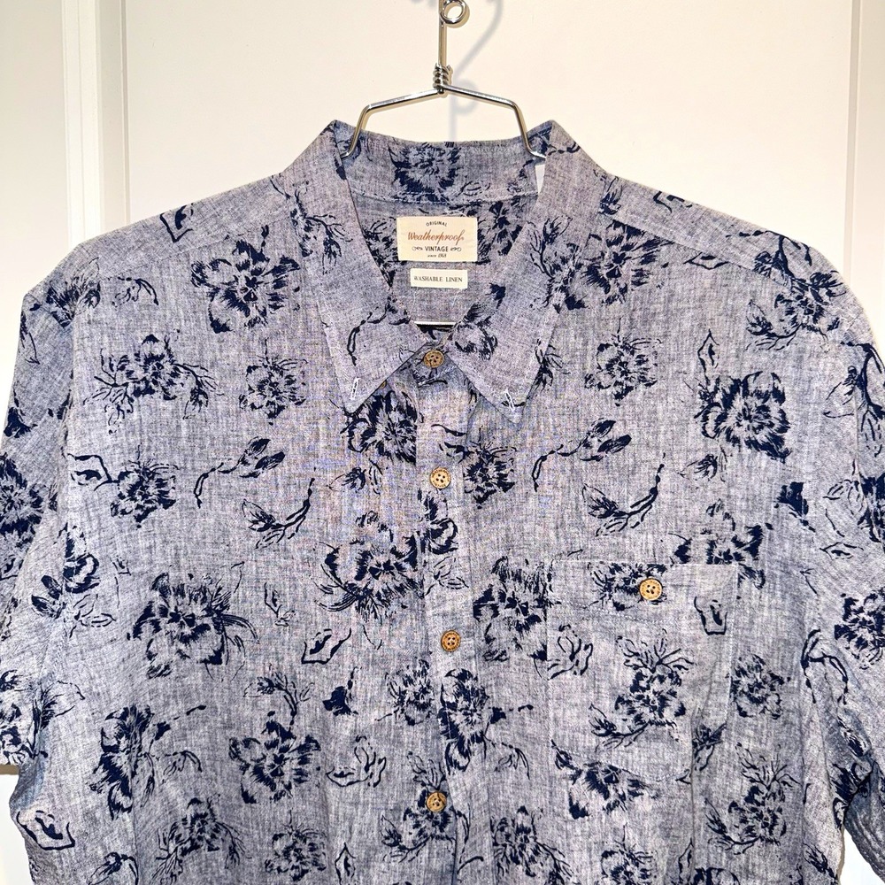 Weatherproof Vintage Mens XL Blue Floral Linen Blend Short Sleeve Shirt